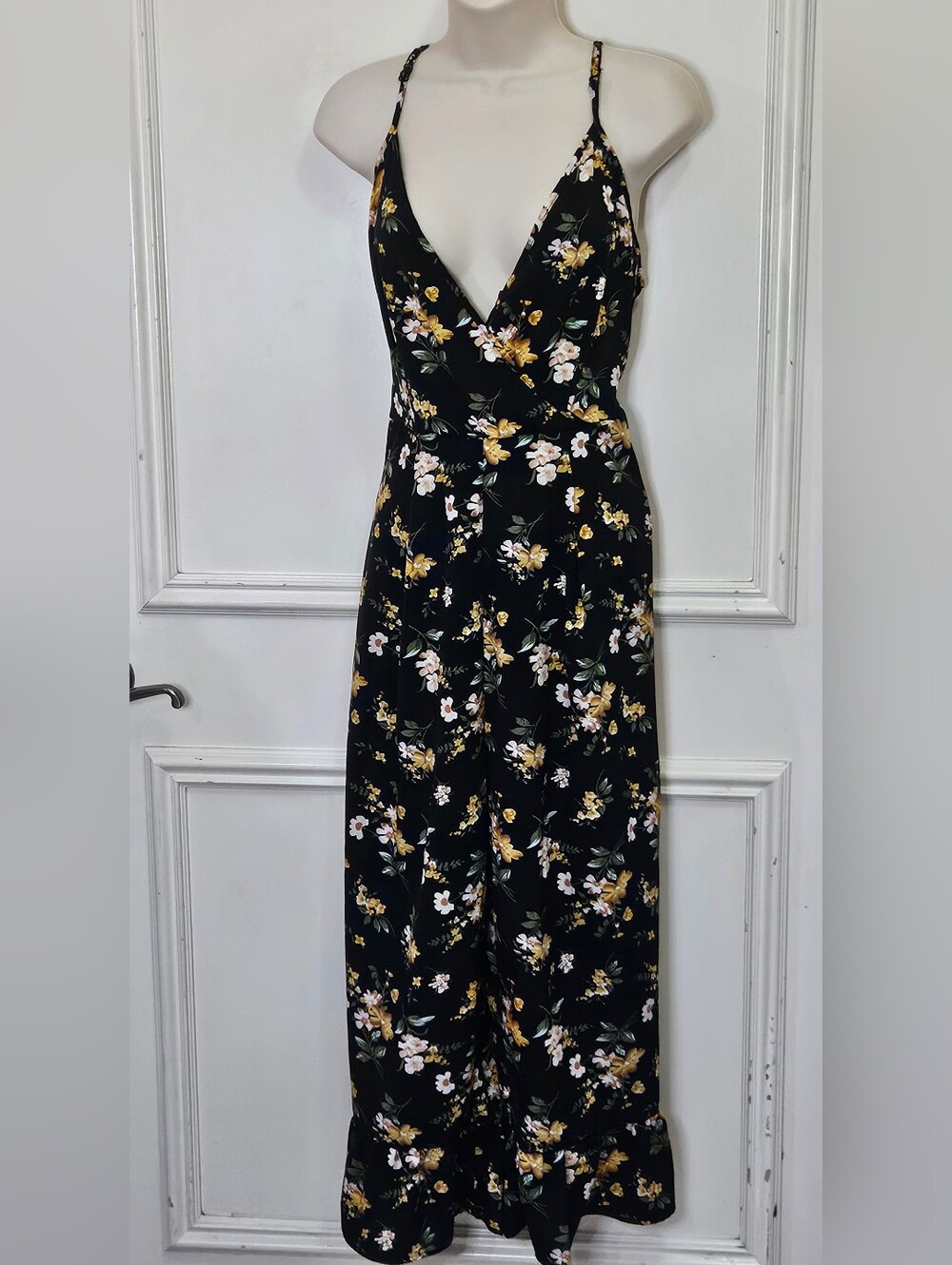 SHEIN Black/Yellow Multi Floral Ruffle Wideleg Spaghetti Strap Jumpsuit, 0XL